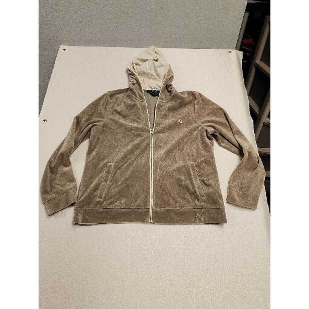 Lauren Ralph Lauren Womens Velour Track Jacket XL Taupe Hood Full Zip Stretch